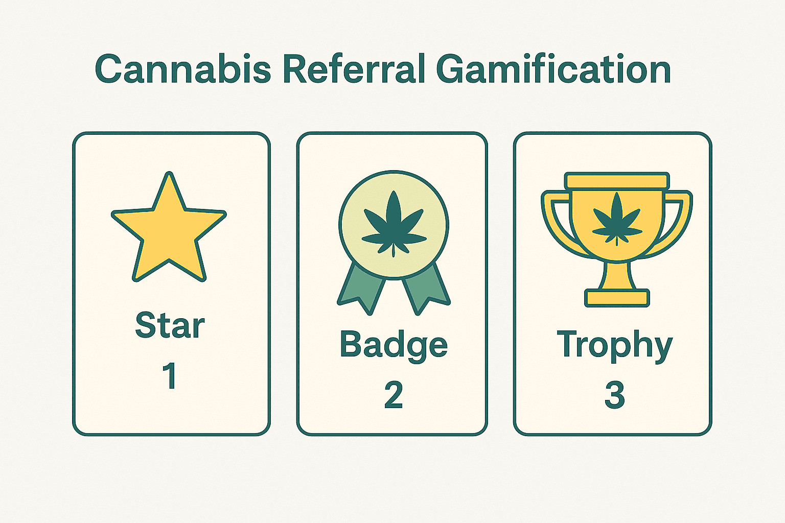 A flat-style digital illustration features three visual gamification rewards for cannabis referrals: a gold star, a cannabis-leaf badge, and a golden trophy. Each icon is placed on its own card, symbolizing different levels of referral achievements in a loyalty program.